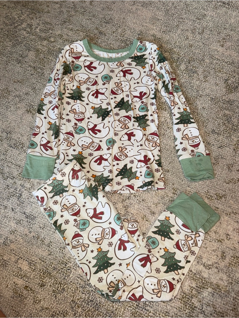Caden Lane Cream Holiday Snowman Pajama Set with Green Accents